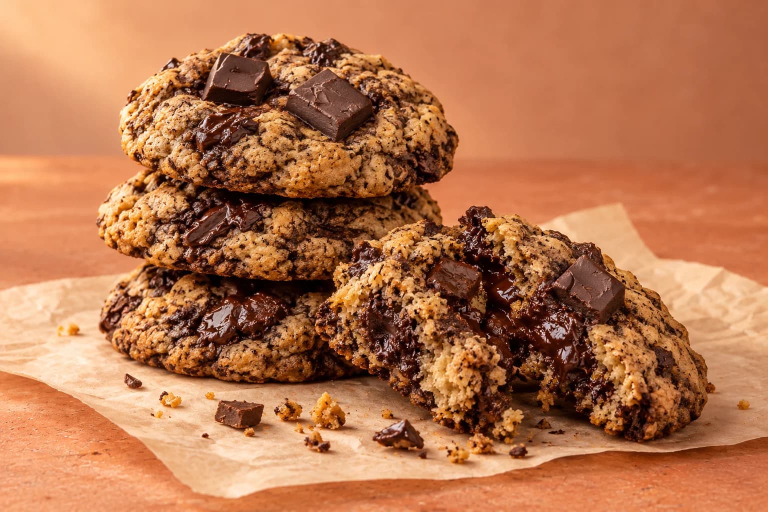 Thick chocolate chunk cookies stacked on parchment, with a soft broken cookie in front